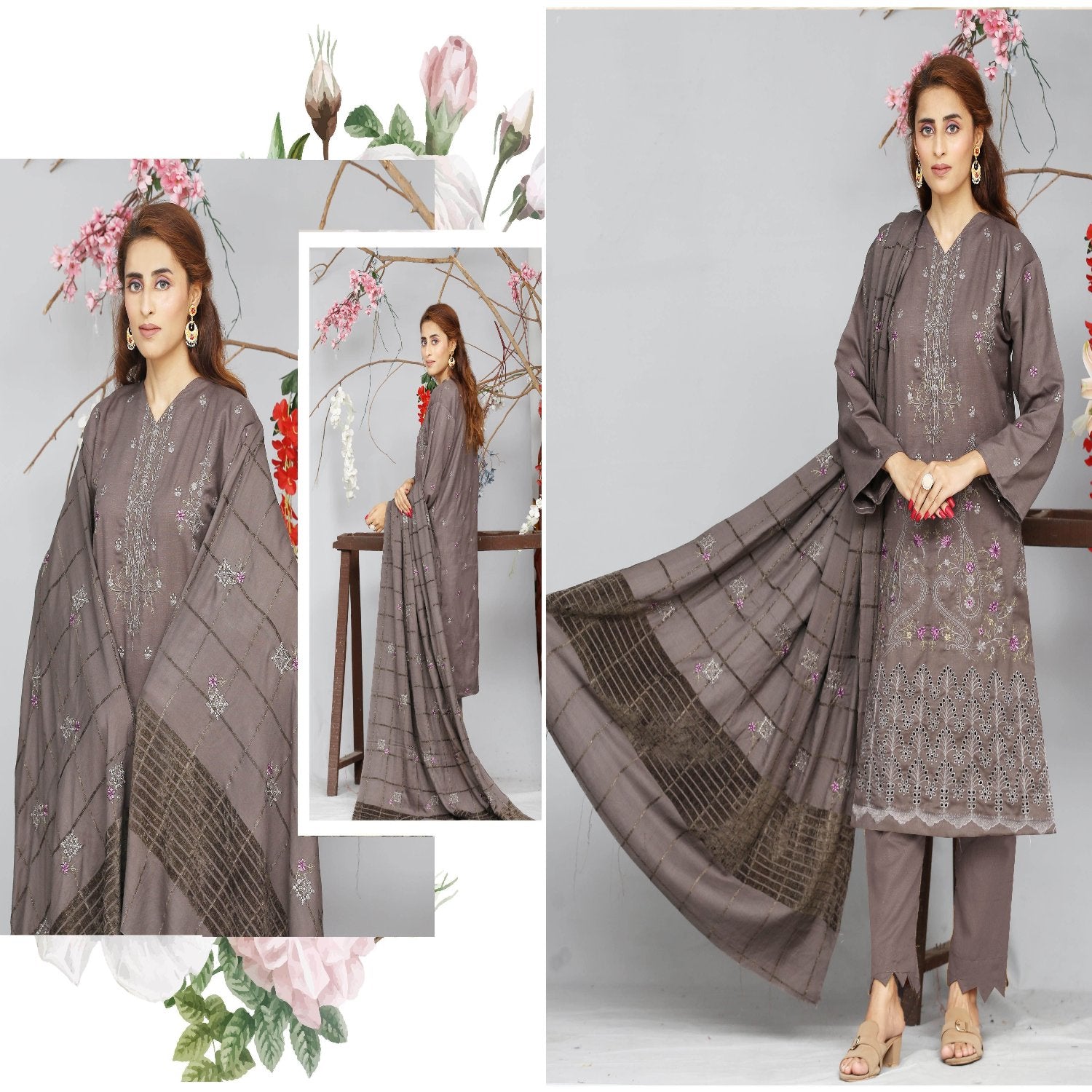 Khoobsoorat by House of Fashion 3-Piece Unstitched Embroidered Suit – Velvet Check Shawl & Wool Trouser