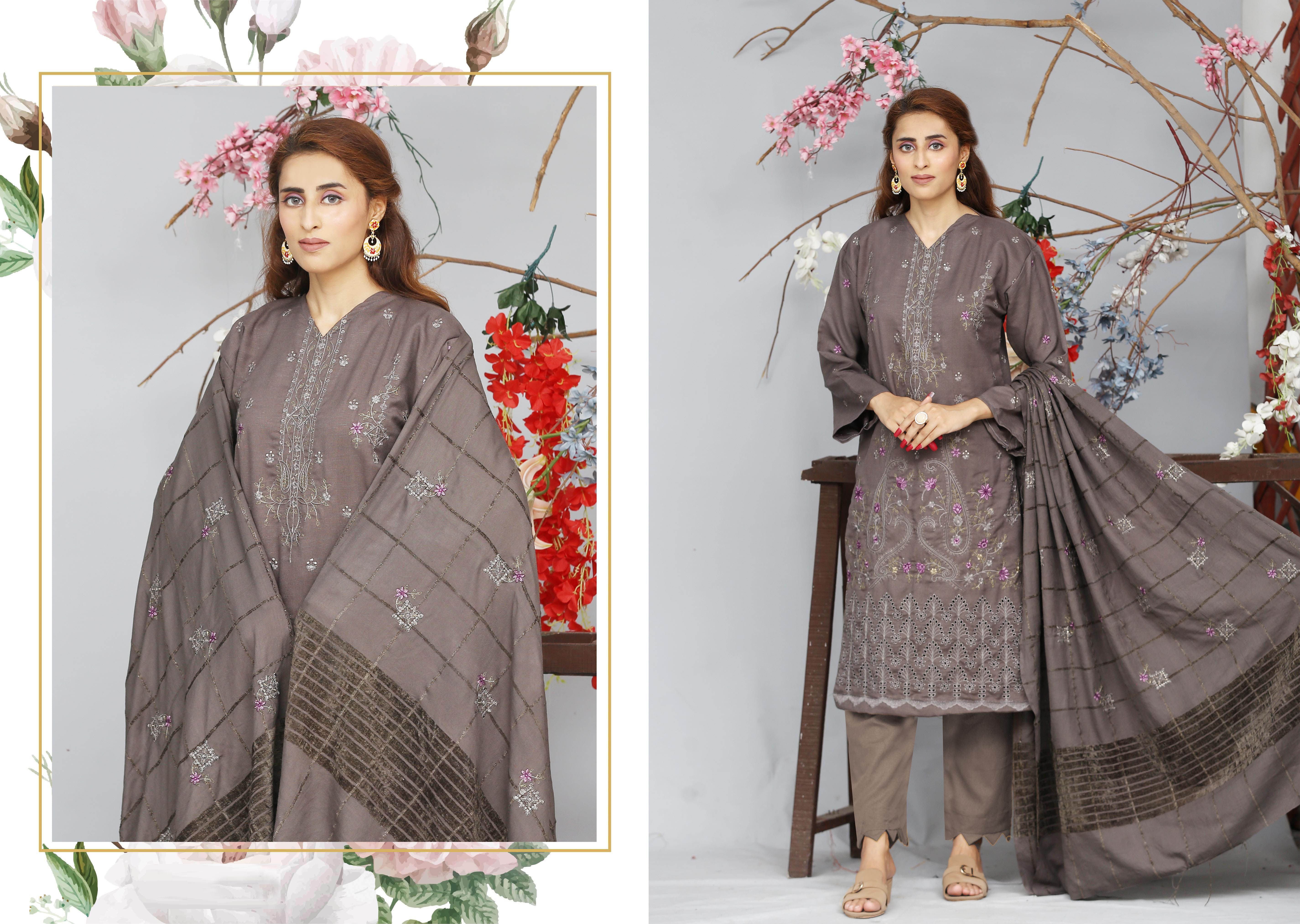 Khoobsoorat by House of Fashion 3-Piece Unstitched Embroidered Suit – Velvet Check Shawl & Wool Trouser