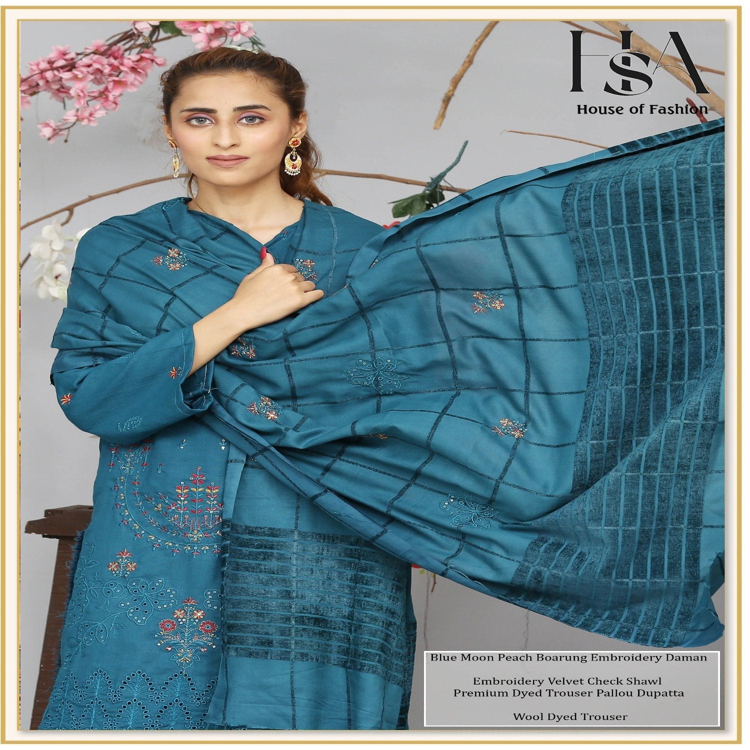 Khoobsoorat by House of Fashion 3-Piece Unstitched Embroidered Suit – Velvet Check Shawl & Wool Trouser