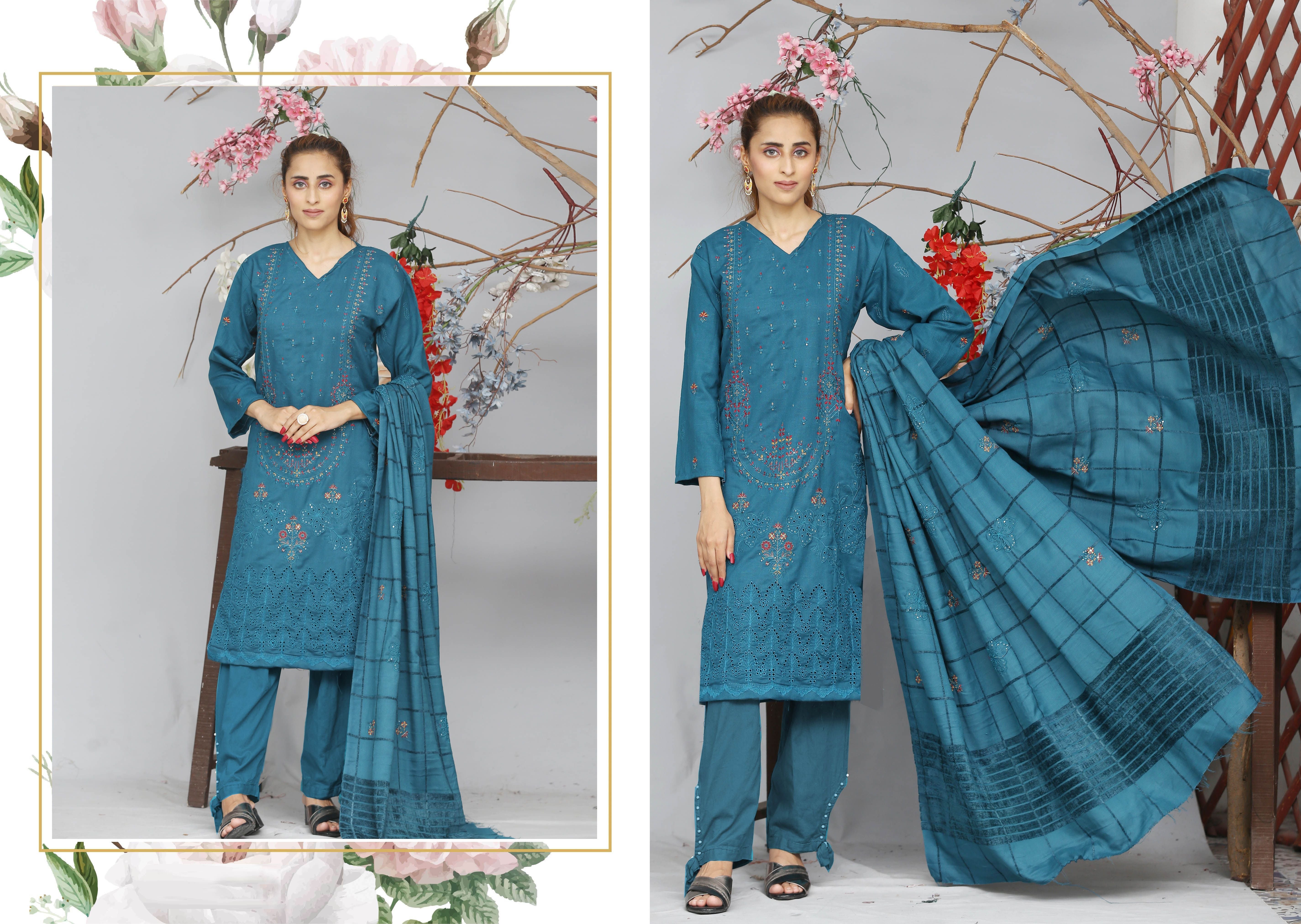 Khoobsoorat by House of Fashion 3-Piece Unstitched Embroidered Suit – Velvet Check Shawl & Wool Trouser