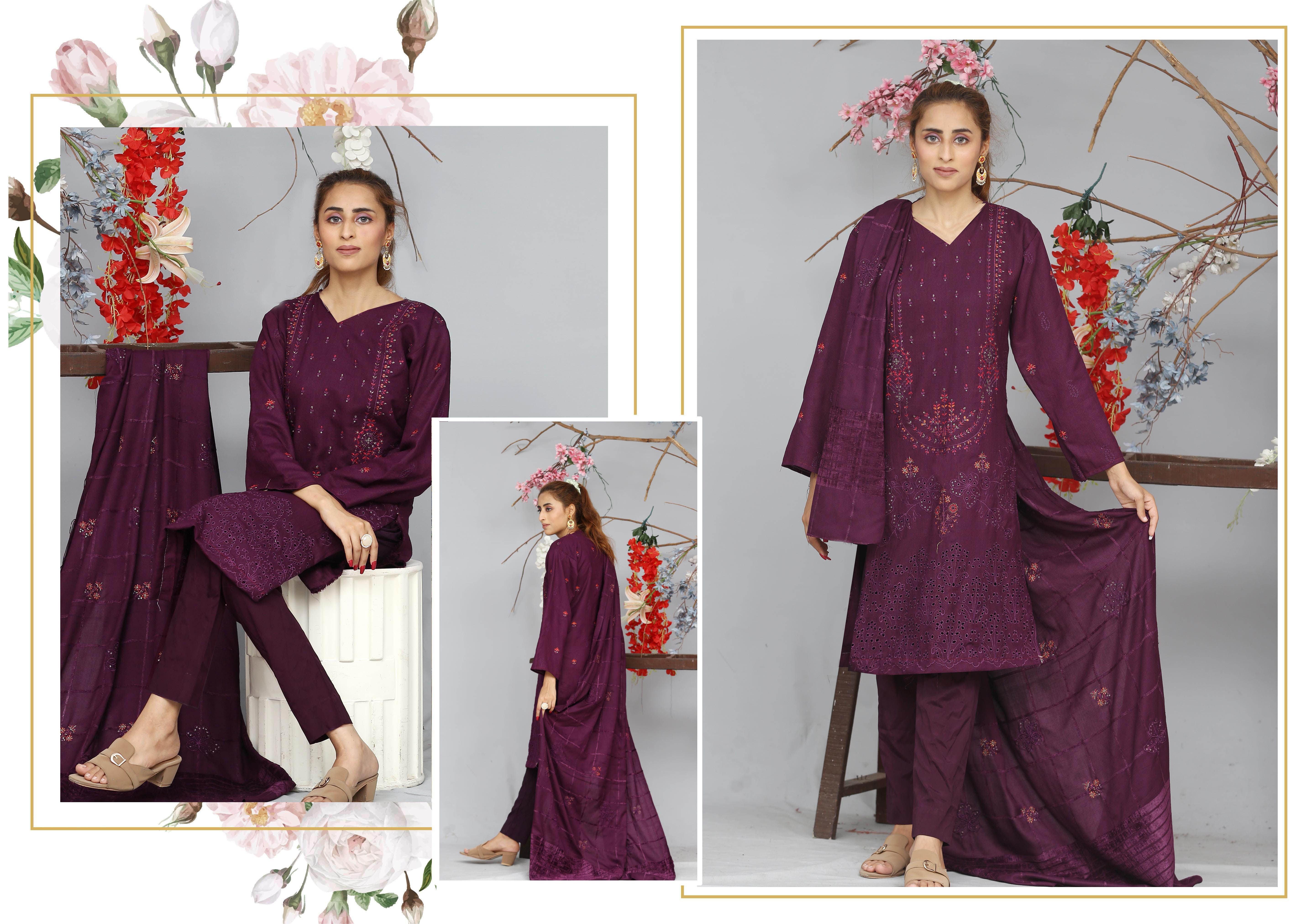 Khoobsoorat by House of Fashion 3-Piece Unstitched Embroidered Suit – Velvet Check Shawl & Wool Trouser