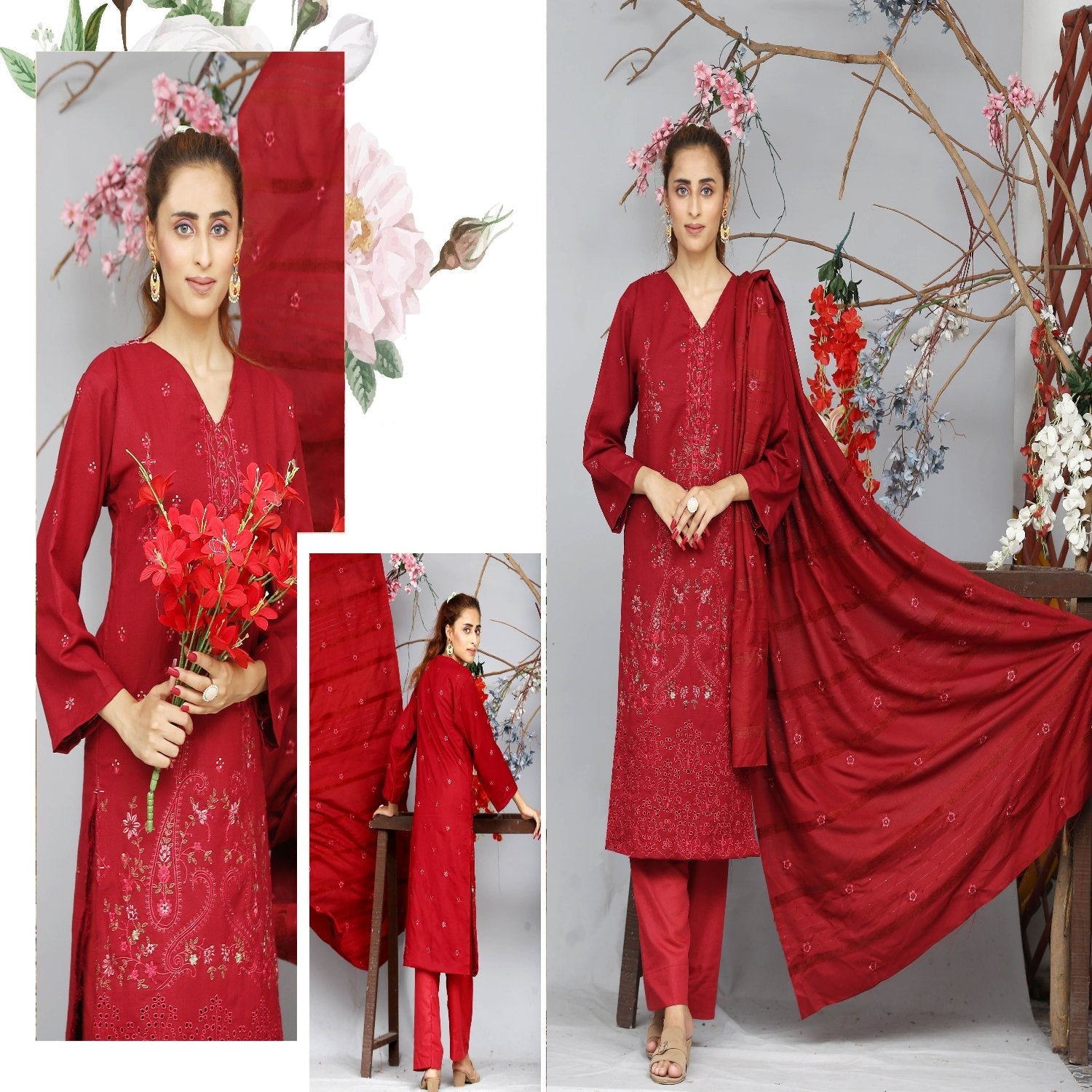 Khoobsoorat by House of Fashion 3-Piece Unstitched Embroidered Suit – Velvet Check Shawl & Wool Trouser