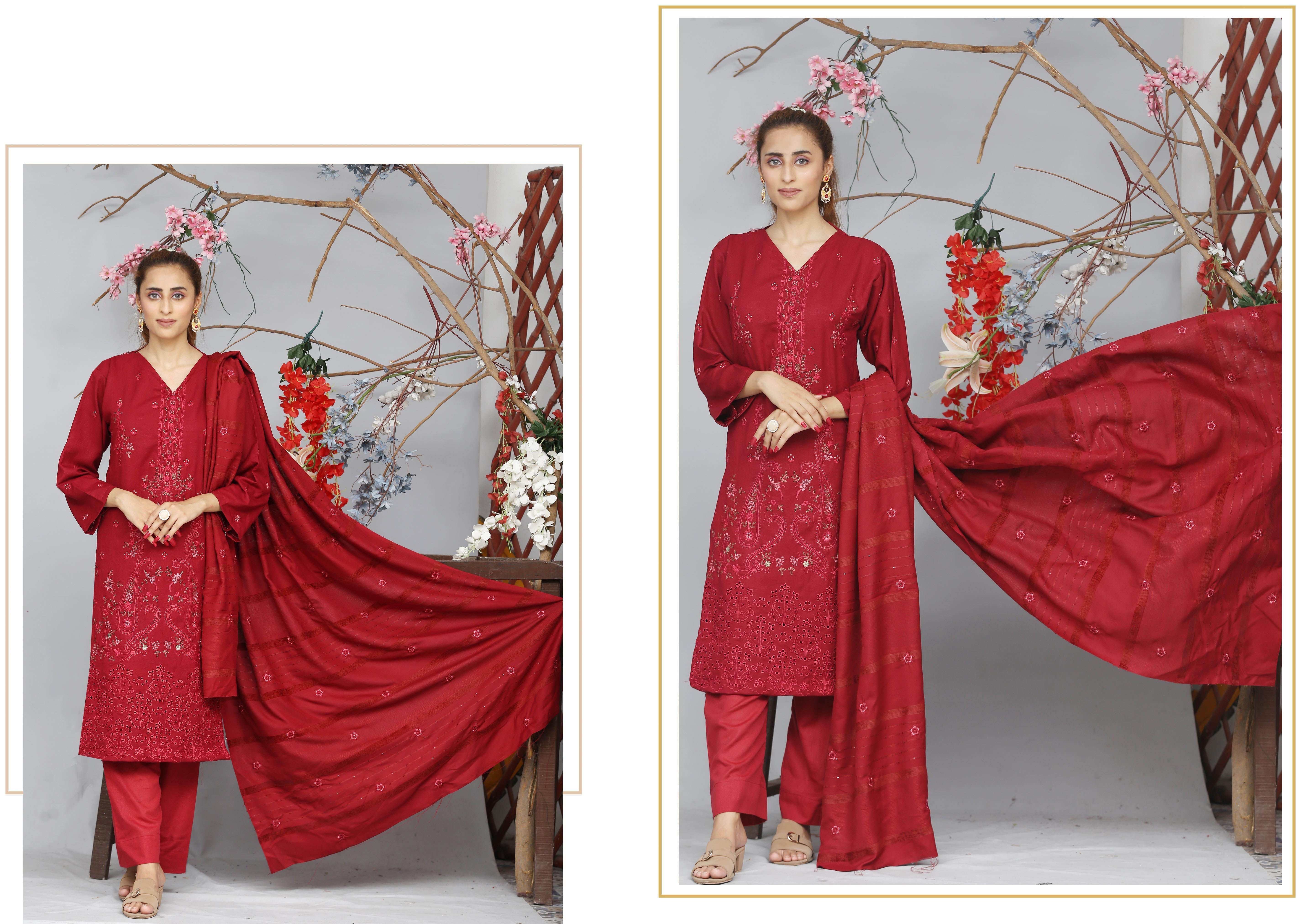 Khoobsoorat by House of Fashion 3-Piece Unstitched Embroidered Suit – Velvet Check Shawl & Wool Trouser